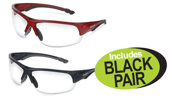 Get the Snap-on Safety Glasses - Clear (XXJUN226) with 99.9% UV protection, high-velocity impact resistance, and soft nose/ear pieces for comfort. Includes an extra black pair.