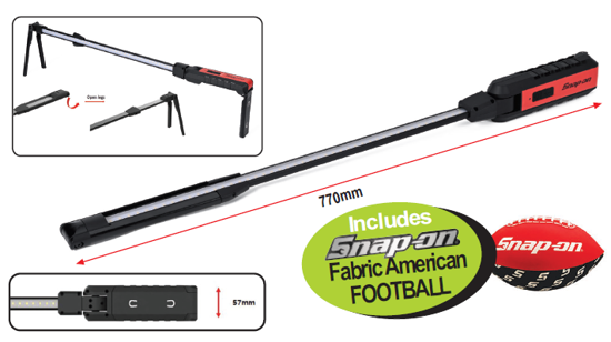 Get the Snap-on Rechargeable LED XL Strip Light (ECARP102 + SNP2388) on promotion with promo code XXMAY260. Features include fold-out legs, black anodized aluminum body, and a magnet in the handle. Plus, receive a FREE Snap-on Fabric American Football!