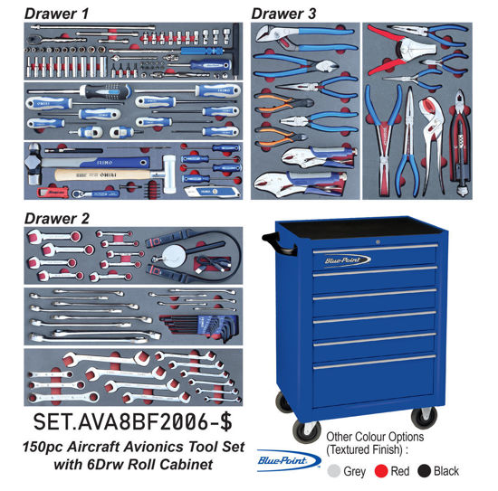 Snap-on Blue - SET.AVA8BF2006-$ - 150Pc Aircraft Avionics Tool Set with 6Drw Blue Point Roll Cabinet KRB2006 (Imperial)