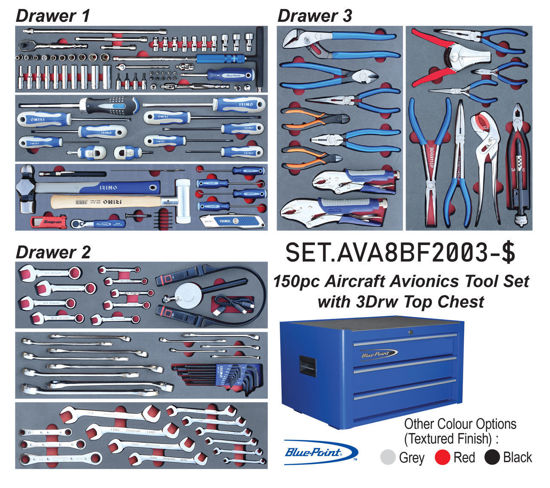 Snap-on Blue - SET.AVA8BF2003-$ - 150Pc Aircraft Avionics Tool Set with 3Drw Blue Point Top Chest KRB2003 (Imperial)