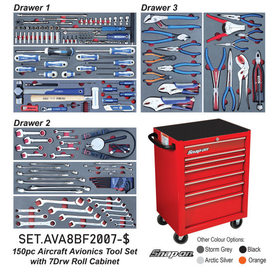 Snap-on Blue - SET.AVA8BF2007-$ - 150Pc Aircraft Avionics Tool Set with 7Drw Snap-on Roll Cabinet KRA2007 (Imperial)