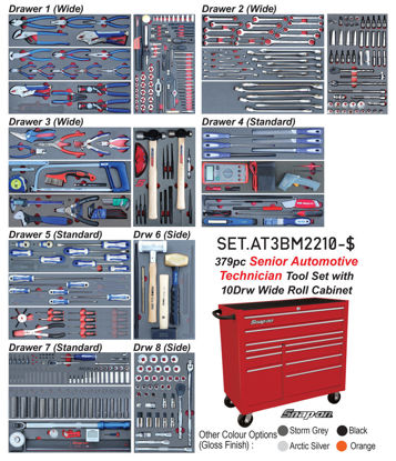 Snap-on BLue - SET.AT3BM2210-$ - 379Pc Senior Auto Technician Tool Set in Foam Inserts supplied with Wide 10Drw Snap-on Roll Cabinet