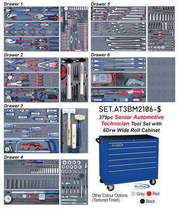 Snap-on Blue - SET.AT3BM2106-$ - 379Pc Senior Auto Technician Tool Set in Foam Inserts supplied with Wide 6Drw Blue Point Roll Cabinet