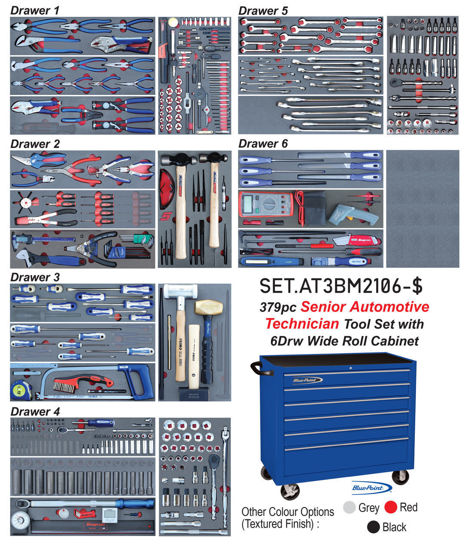 Snap-on Blue - SET.AT3BM2106-$ - 379Pc Senior Auto Technician Tool Set in Foam Inserts supplied with Wide 6Drw Blue Point Roll Cabinet