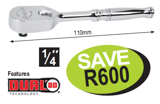 Get the Snap-on 1/4" Ratchet (XXJUN209) with Dual 80® Technology, featuring a 72-tooth gear for strength and durability. Enjoy a sealed head, contoured handle, chrome finish, and rugged reverse lever for enhanced tool longevity.