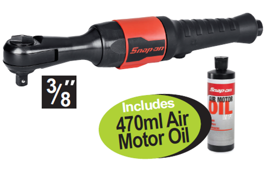 Get the Snap-on XXJUN280 3/8" Air Ratchet with 95 N·m torque output and 275 RPM free speed, perfect for stubborn fasteners. Includes 470ml Air Motor Oil. Features durable steel wear bushings, dual pawls, and a cushion grip for comfort and control.