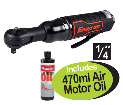 Get the Snap-on XXJUN281 1/4" Air Ratchet with 470ml Air Motor Oil. Features 62 N·m breakaway torque, lightweight design, soft grip, and variable speed trigger for superior performance.