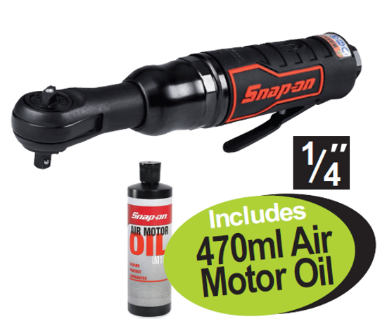 Get the Snap-on XXJUN281 1/4" Air Ratchet with 470ml Air Motor Oil. Features 62 N·m breakaway torque, lightweight design, soft grip, and variable speed trigger for superior performance.