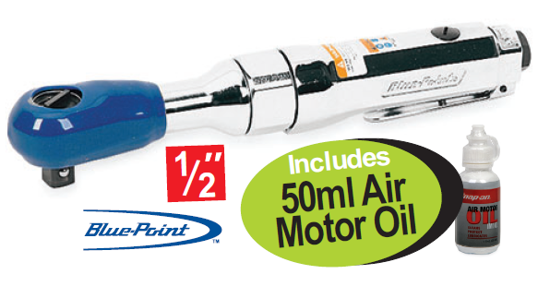Get the Snap-on Blue 1/2" Air Ratchet (AT705B) on promotion, including 50ml Air Motor Oil (IM1-OIL-50ML). This rugged air ratchet delivers 7-60 Nm of torque with a variable-speed throttle and adjustable air regulator. Perfect for professional use.