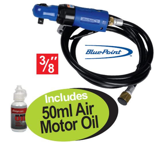 Get the Snap-on Blue 3/8" Mini Air Ratchet (XXJUN283) on promotion, including 50ml Air Motor Oil. Features a compact design, variable-speed throttle, 40 N.m torque, and comfort grip for efficient work in tight spaces.