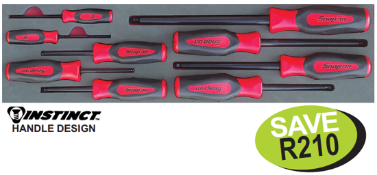 Get the Snap-on Ball Hex Screwdriver Set (2 - 10mm) with tri-lobe Instinct handle design for maximum turning power and comfort. Features high-strength steel blades and a round shank to prevent scratching. Promo Code: XXJUN215.
