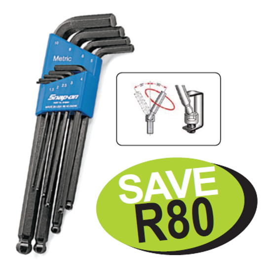 Get the Snap-on BHM9A Ball Hex Allen Key Set (XXJUN216) on promotion! This 9pc metric set includes sizes 1.5mm to 10mm, housed in a durable plastic index. Perfect for professional mechanics and DIY enthusiasts.