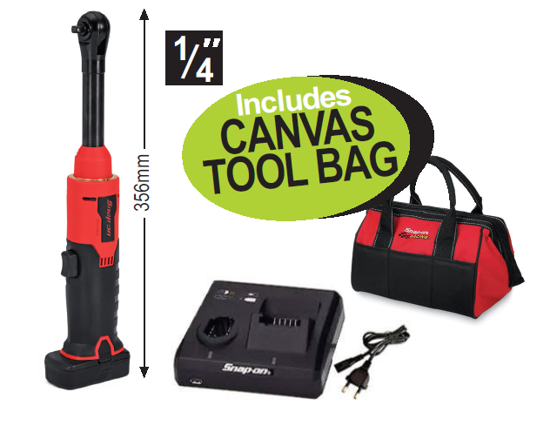 Snap-on 1/4" 14.4V Long Hi Torq Brushless Ratchet Kit with Canvas Tool Bag - XXJUN289