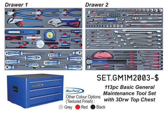 Blue-Point - SET.GM1M2003-$ - 113Pc Basic General Maintenance Tool Set with 3Drw Blue Point Top Chest KRB2003