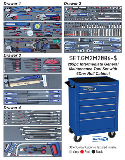 Picture of SET.GM2M2006-$ - 209Pc Intermediate General Maintenance Tool Set with 6Drw Blue Point Roll Cabinet KRB2006
