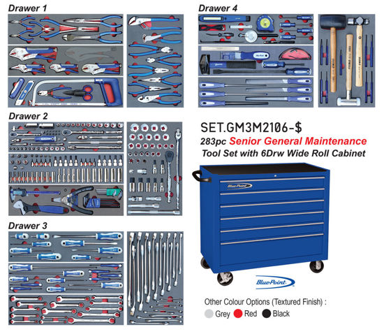 Picture of SET.GM3M2106-$ - 283Pc Senior General Maintenance Tool Set with 6Drw Wide Blue Point Roll Cabinet KRB2106