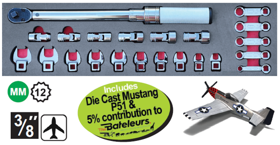 XXJUL212 Snap-on 3/8" Crowfoot & Torque Wrench Set - Imperial or Metric with Die Cast Mustang P51