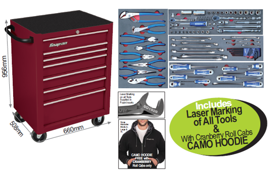 Snap-on XXJUN272 7 Drawer Standard Cranberry Roll Cab with Imperial Tool Set Includes Laser Marking of All Tools supplied in the foam inserts and Camo Hoodie