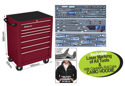 Snap-on XXJUN273 Cranberry 7 Drawer Standard Roll Cabinet + IMPERIAL Snap-on Blue Tool Set includes Laser Marking of All Tools supplied in the foam inserts and Camo Hoodie