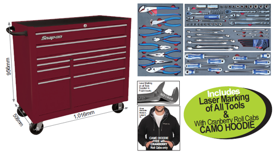 Snap-on XXJUN274 10 Drawer Wide Roll Cabinet + Imperial Snap-on Blue Tool Set Includes Laser Marking of All Tools supplied in the foam inserts and Camo Hoodie (with Cranberry R/Cab Only)