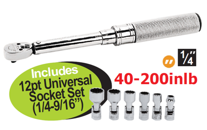 Get the Snap-on 1/4" Torque Wrench Imperial (AF) on promotion with promo code XXJUL237 or XXJUL238. Includes a 12pt Universal Socket Set (1/4-9/16"). Available in 40-200inlb or 10-50inlb. Features include certificate of calibration, positive stop, sealed ratchet heads, and accurate readings.