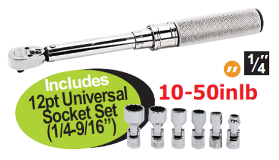 Get the Snap-on 1/4" Torque Wrench Imperial (AF) on promotion with promo code XXJUL237 or XXJUL238. Includes a 12pt Universal Socket Set (1/4-9/16"). Available in 40-200inlb or 10-50inlb. Features include certificate of calibration, positive stop, sealed ratchet heads, and accurate readings.