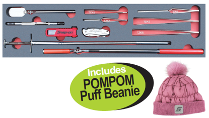 Get the Snap-on XXJUL225 Utility Set in foam, featuring an 11pc set including an Oval Mirror, Flexible Pick-up Tool, Feeler Gauge Set, and more. Plus, receive a free POMPOM Puff Beanie!