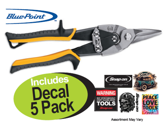 Get the Snap-on Blue Regular Straight Aviation Snips (AVSNP01030) with a bonus Decal 5 Pack (DECAL-5PACK-WO) on promotion (XXJUL206). Features serrated edges, chrome-molybdenum blades, comfortable grips, and an automatic latch design.