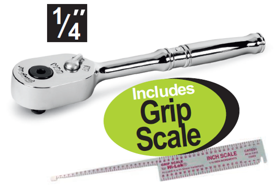Get the Snap-on 1/4" HI-LOK Ratchet with Grip Scale (Promo Code XXJUL203) featuring Dual 80® Ratchet Technology and a sealed head for durability and precision. Perfect for professional use.