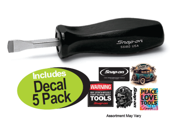 Get the Snap-on DZUS® Screwdriver (XXJUL205) with a Decal 5 Pack. Perfect for aircraft and auto racing applications, featuring a thin, radiused tip and durable cellulose acetate handle.