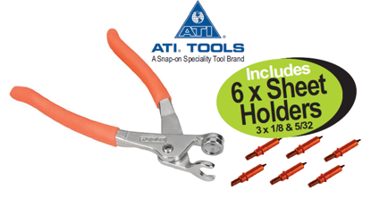 Get the Snap-on Blue Sheet Holder Plier (XXJUL209) from ATI Tools, featuring forged steel, high-visibility cushioned grips, and designed for spring-loaded clamps and temporary fasteners. Includes 6 sheet holders (3 x 1/8 & 5/32).