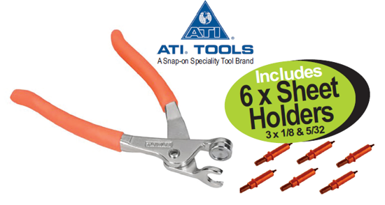 Get the Snap-on Blue Sheet Holder Plier (XXJUL209) from ATI Tools, featuring forged steel, high-visibility cushioned grips, and designed for spring-loaded clamps and temporary fasteners. Includes 6 sheet holders (3 x 1/8 & 5/32).