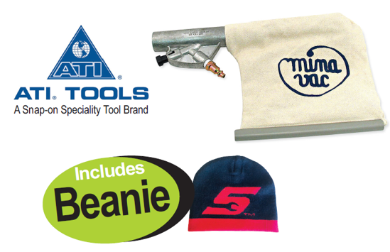 Get the Snap-on Blue Mina-Vac Air Vacuum (XXJUL210) with a free Beanie. This powerful aluminum vacuum features a 450mm clear flex hose, 25% stronger vacuum strength, and a built-in chip deflector, perfect for removing fasteners from confined spaces.