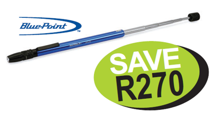 The Snap-on Blue-Point Lighted Pick Up Tool (UPTLP2) features a 3.5kg magnetic head, LED light for dark areas, and a stainless steel handle that telescopes from 200-800mm.