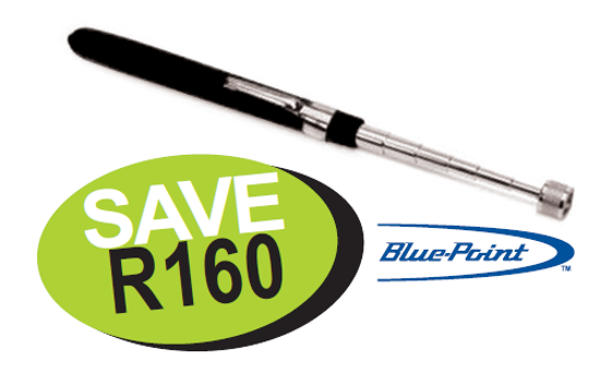 Get the Snap-on Blue Magnetic Pick Up Tool (XXJUL230) with a chrome-plated shaft extending from 135-635mm. Features POWERCAP® for focused lifting, a non-slip cushion grip, and includes a pocket clip. Available in Black, Red, Orange, and Green handles.