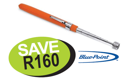 Get the Snap-on Blue Magnetic Pick Up Tool with a chrome-plated shaft extending from 135-635mm. Features POWERCAP® for focused lifting, a non-slip cushion grip, and includes a pocket clip. Available in Black, Red, Orange, and Green handles.