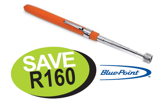 Get the Snap-on Blue Magnetic Pick Up Tool with a chrome-plated shaft extending from 135-635mm. Features POWERCAP® for focused lifting, a non-slip cushion grip, and includes a pocket clip. Available in Black, Red, Orange, and Green handles.