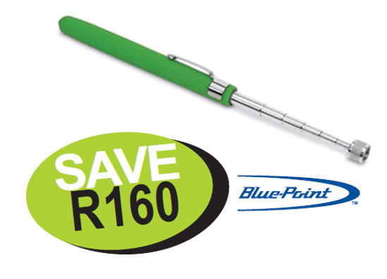 Get the Snap-on Blue Magnetic Pick Up Tool (XXJUL230) with a chrome-plated shaft extending from 135-635mm. Features POWERCAP® for focused lifting, a non-slip cushion grip, and includes a pocket clip. Available in Black, Red, Orange, and Green handles.