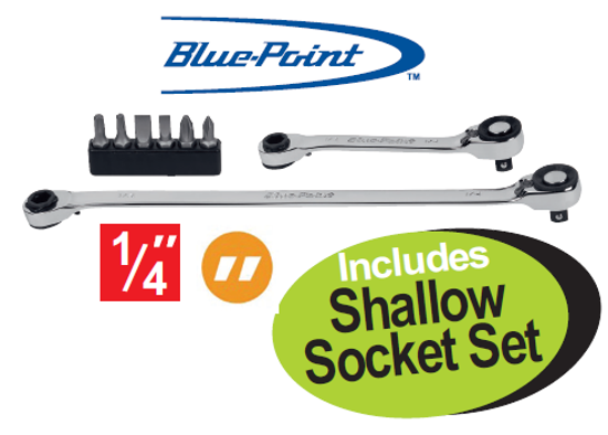 Get the Blue-Point 1/4" Ratchet Set with Bits and a FREE Shallow Socket Set. Features a mini 1/4" drive ratchet, hex bit driver, 10° offset box head, and durable nickel-chrome finish.
