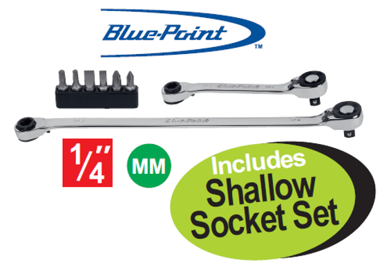 Get the Blue-Point 1/4" Ratchet Set with Bits and a FREE Shallow Socket Set. Features a mini 1/4" drive ratchet, hex bit driver, 10° offset box head, and durable nickel-chrome finish.