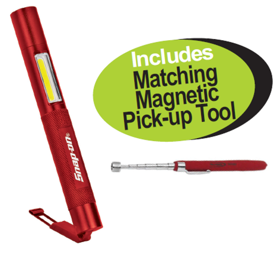 Get the Snap-on Rechargeable Pen Light (Red or Green) with 300 lumens, featuring COB main light and CREE LED spotlight, plus an adjustable magnetic clip and robust aluminum housing. Includes a matching magnetic pick-up tool. Promo Code: XXJUL260.