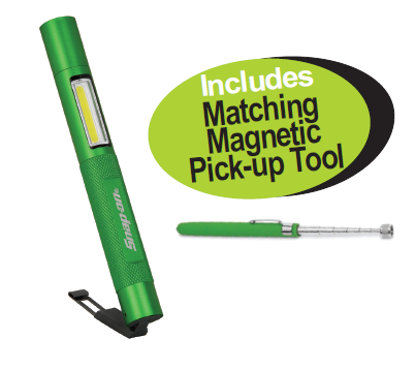 Get the Snap-on Rechargeable Pen Light Green with 300 lumens, featuring COB main light and CREE LED spotlight, plus an adjustable magnetic clip and robust aluminum housing. Includes a matching magnetic pick-up tool. Promo Code: XXJUL261.