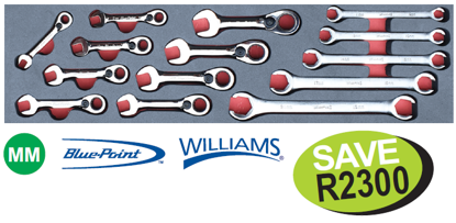 Get the Snap-on Blue XXAUG233 Ratcheting Stubby & Pipe Spanner Set (14pc) MOD.960SH45S on promotion. This comprehensive set includes 9 stubby ratcheting combination spanners and 5 double-end pipe spanners in various metric sizes.