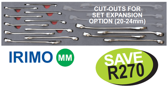 Get the Snap-on Blue XXAUG231 14pc Combination Spanner Set in Foam Control Insert, featuring Irimo Metric satin finish flat & ring spanners from 6-19mm. Includes cut-outs for set expansion (20-24mm).