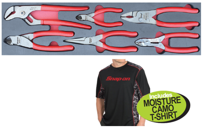 Get the Snap-on XXAUG294 6pc Plier Set in Foam Control Insert, including Water Pump, Side Cutters, Long Nose, Combination Slip Joint, and Wire Stripper/Cutter/Crimper pliers. Comes with a FREE Moisture Camo T-Shirt.
