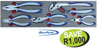 Get the Snap-on Blue XXAUG290 5pc Plier Set in Foam Control Insert, including water pump plier, side cutters, long nose plier, combination plier, and slip joint plier.