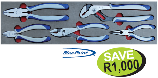 Get the Snap-on Blue XXAUG290 5pc Plier Set in Foam Control Insert, including water pump plier, side cutters, long nose plier, combination plier, and slip joint plier.