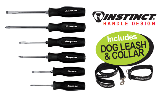 Get the Snap-on XXAUG234 Black INSTINCT Handle Screwdriver Set (6pc) featuring comfortable INSTINCT handles and durable construction. Includes a free dog leash and collar.