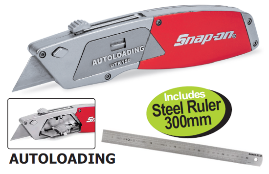 Get the Snap-on UTK150 auto-loading retractable utility knife (XXAUG264) with a free 300mm steel ruler. Features include easy blade changes, cushioned handle, and three blade positions.
