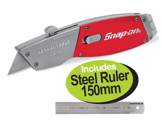 Get the Snap-on Retractable Utility Knife (UTK100) with a bonus 150mm Steel Ruler (B-SR150-MM) on promotion. Features a quick-release blade, integrated hinge handle, and lightweight aluminum body. Promo Code: XXAUG262.